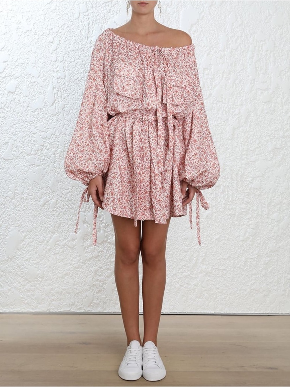 Zimmermann Off-Shoulder Pink Floral Mini Dress with Balloon Sleeves Size 0